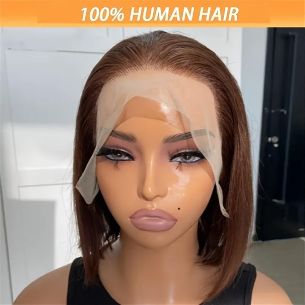 Perruques de cheveux Perruques courtes en cheveux humains, coupe au carré, 13x4, densité 180%, 4#, perruque frontale dentelle transparente et lisse(8inches)