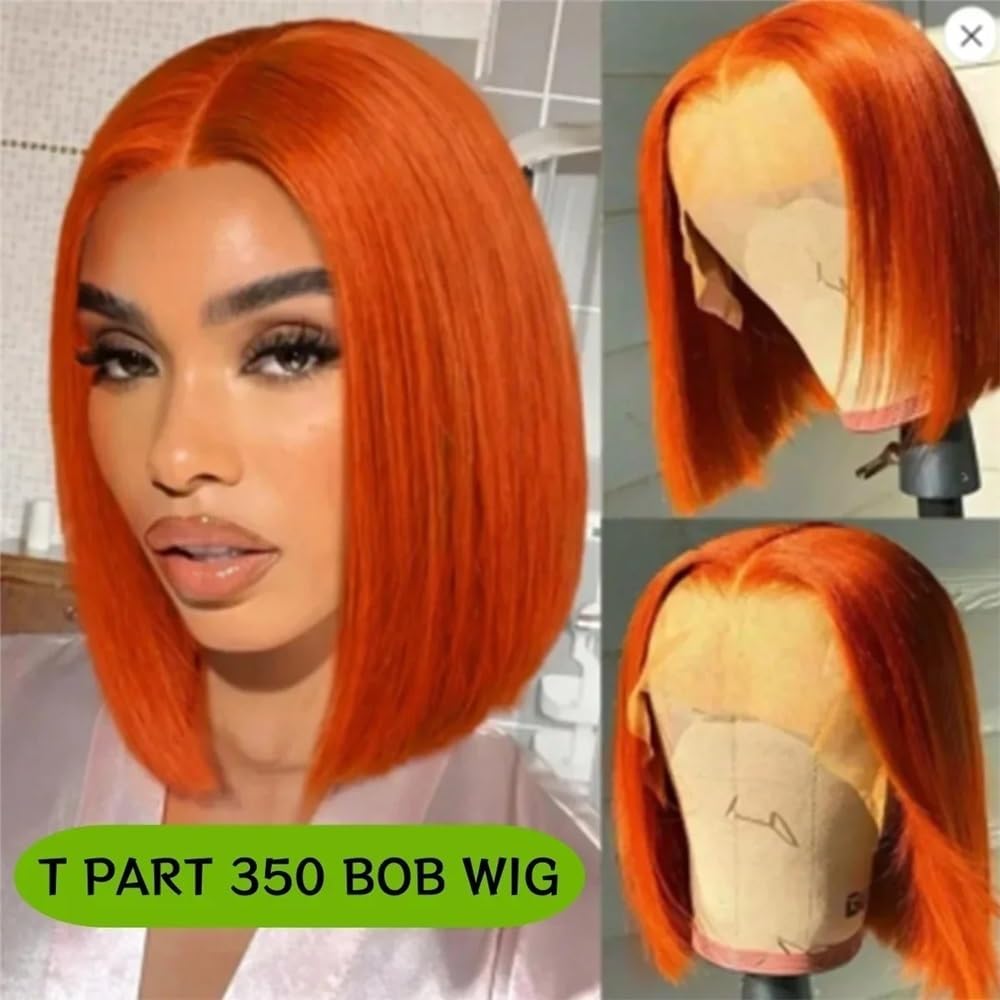 Perruques de cheveux Perruque courte en dentelle orange roux, cheveux humains lisses, avec raie T transparente