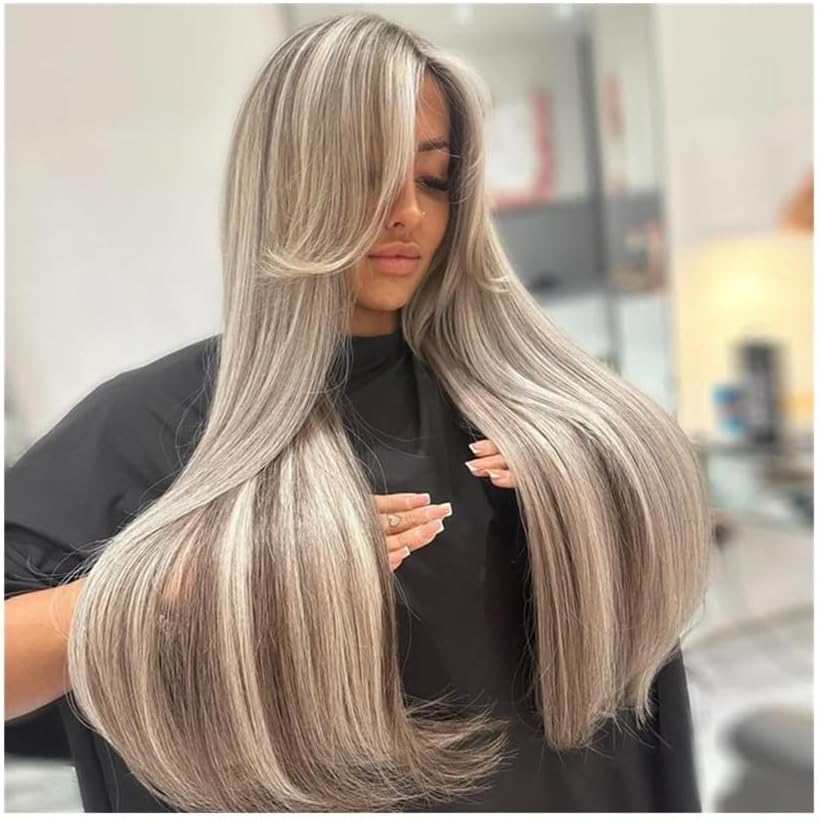 Perruques de cheveux Perruque Lace Front Wig naturelle lisse 13x6, cheveux humains, brun cendré, reflets, transparente(10inches)