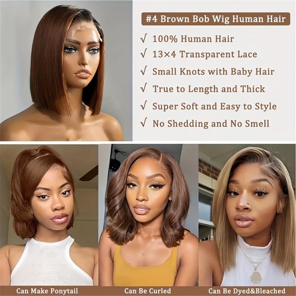 Perruques de cheveux Perruques courtes en cheveux humains, coupe au carré, 13x4, densité 180%, 4#, perruque frontale dentelle transparente et lisse(8inches)