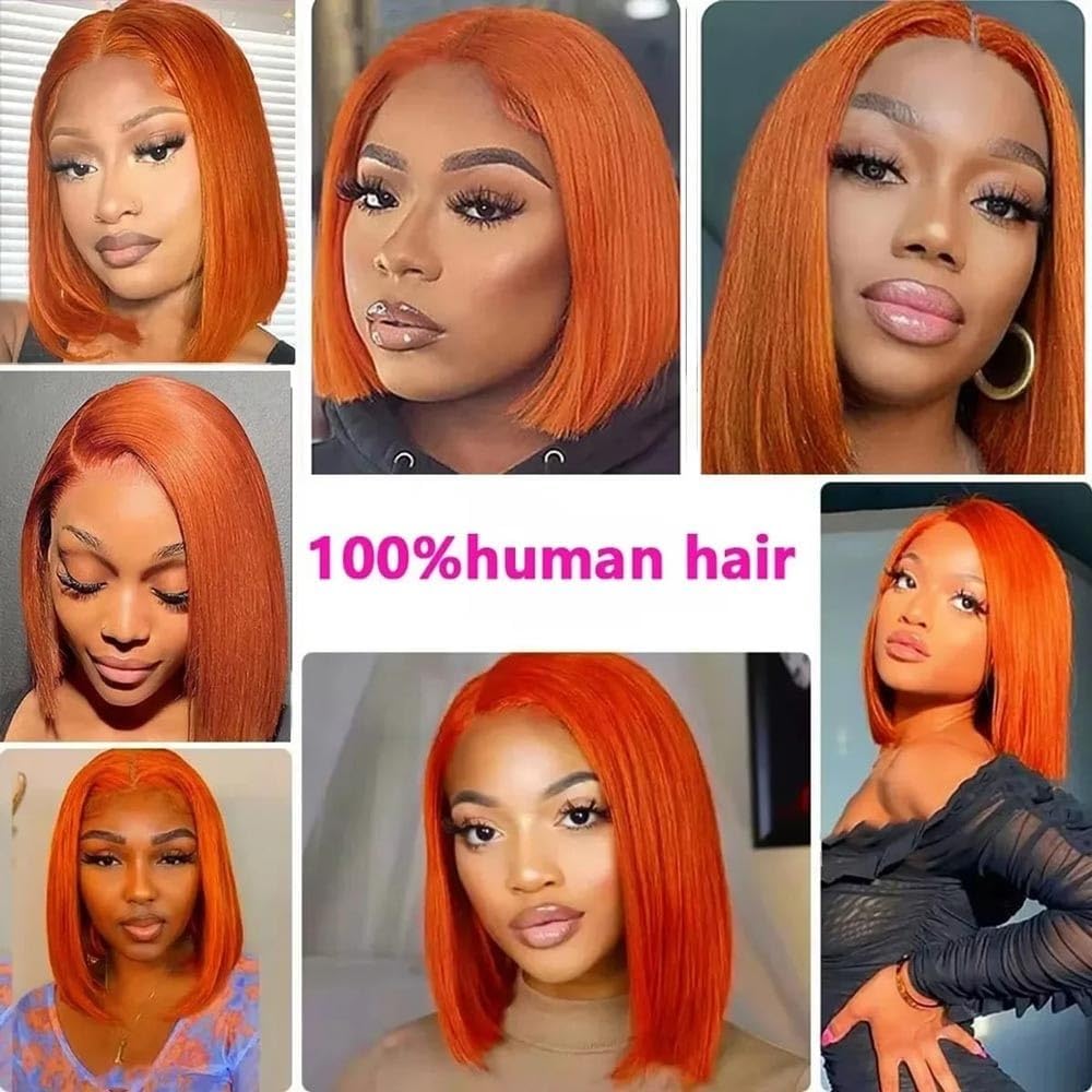 Perruques de cheveux Perruque courte en dentelle orange roux, cheveux humains lisses, avec raie T transparente