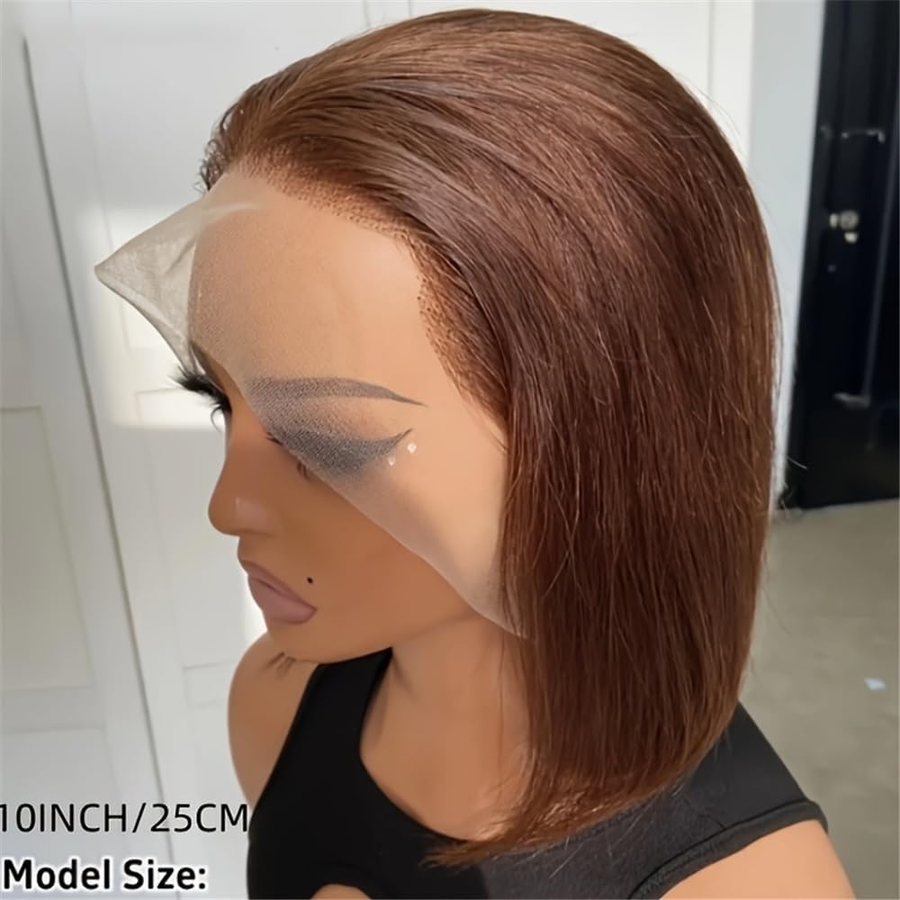 Perruques de cheveux Perruques courtes en cheveux humains, coupe au carré, 13x4, densité 180%, 4#, perruque frontale dentelle transparente et lisse(8inches)