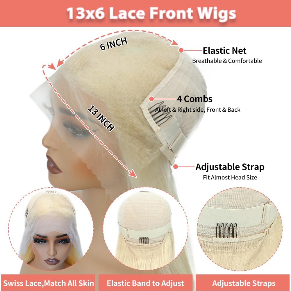 Perruque lace front 613 - Cheveux humains HD frontaux ondulés blonds pour femme - 33 x 15 cm - Sans colle - 71 cm