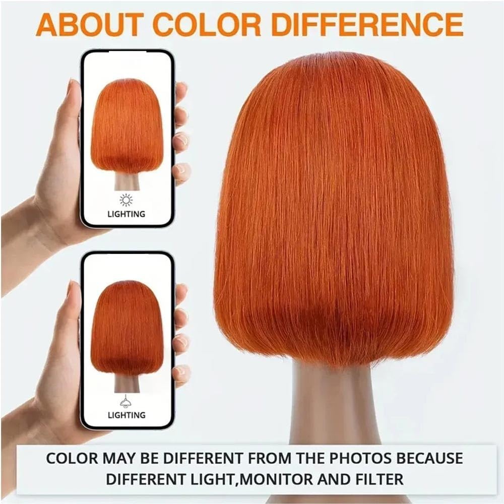Perruques de cheveux Perruque courte en dentelle orange roux, cheveux humains lisses, avec raie T transparente