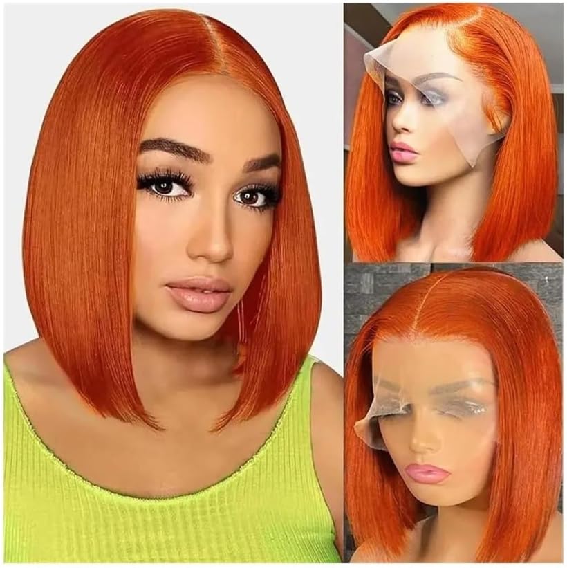 Perruques de cheveux Perruque courte en dentelle orange roux, cheveux humains lisses, avec raie T transparente