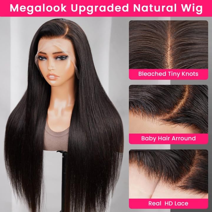MEGALOOK Upgraded 13x4 Pre Cut Lace Front Bleached Knots Wigs 200% Density Perruque Femme Naturelle Brésilien Perruque Cheveux Humain Wear and Go Glueless Wigs Natural