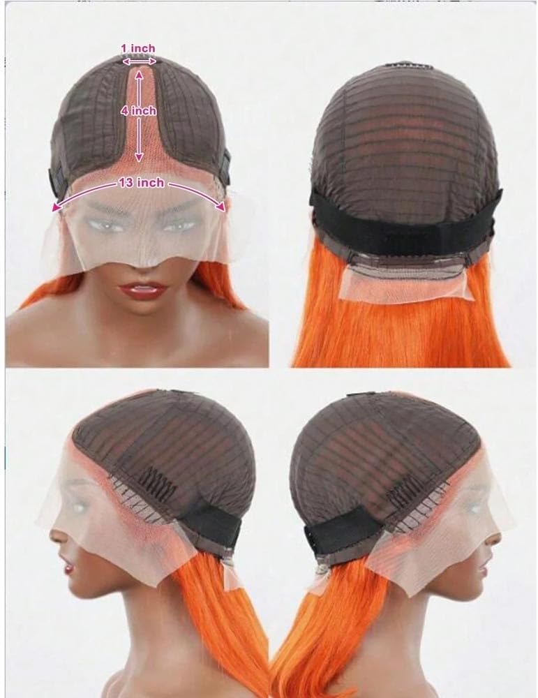 Perruques de cheveux Perruque courte en dentelle orange roux, cheveux humains lisses, avec raie T transparente