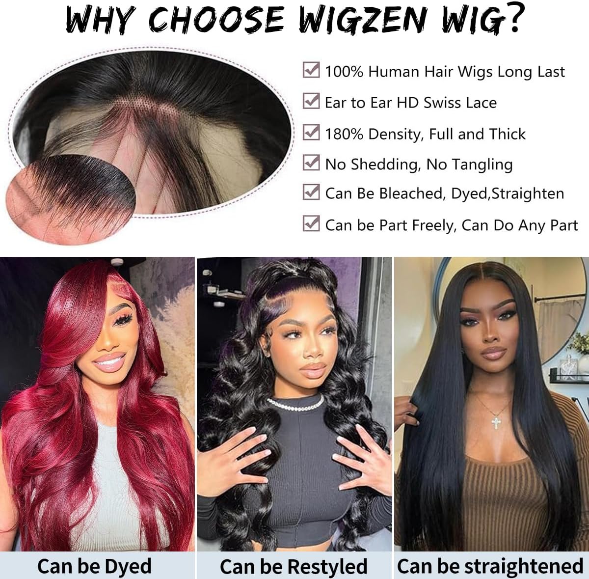 Perruque lace front HD 33 x 6 - Cheveux humains - 86,4 cm - Sans colle - Noir - Densité de 180 % - Pré-épilée