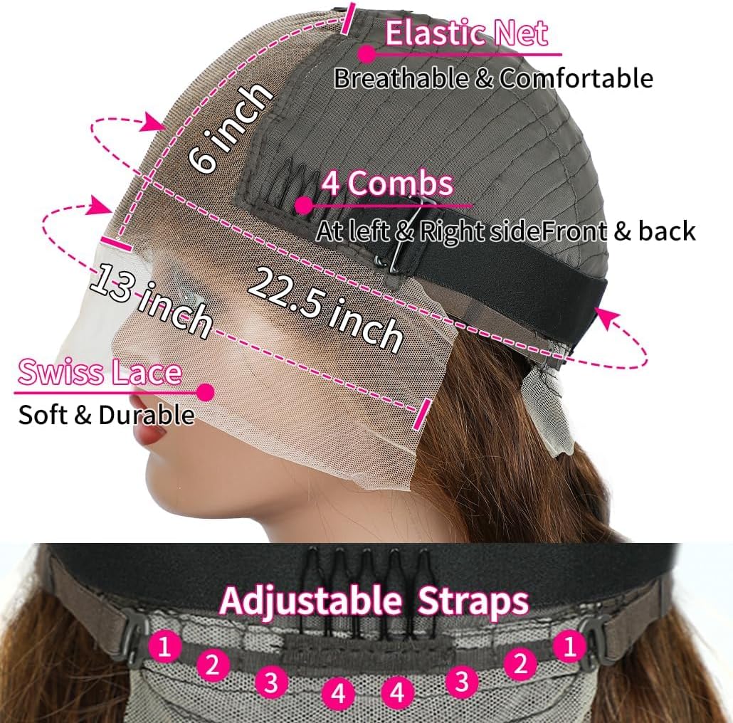 Perruque de cheveux humains bruns – 33 x 15,2 cm HD ondulés frontaux – 81,3 cm – Marron chocolat – Cheveux naturels sans colle pour femme – Densité 180