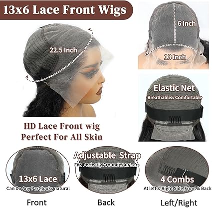 Perruque lace front HD 33 x 6 - Cheveux humains - 86,4 cm - Sans colle - Noir - Densité de 180 % - Pré-épilée