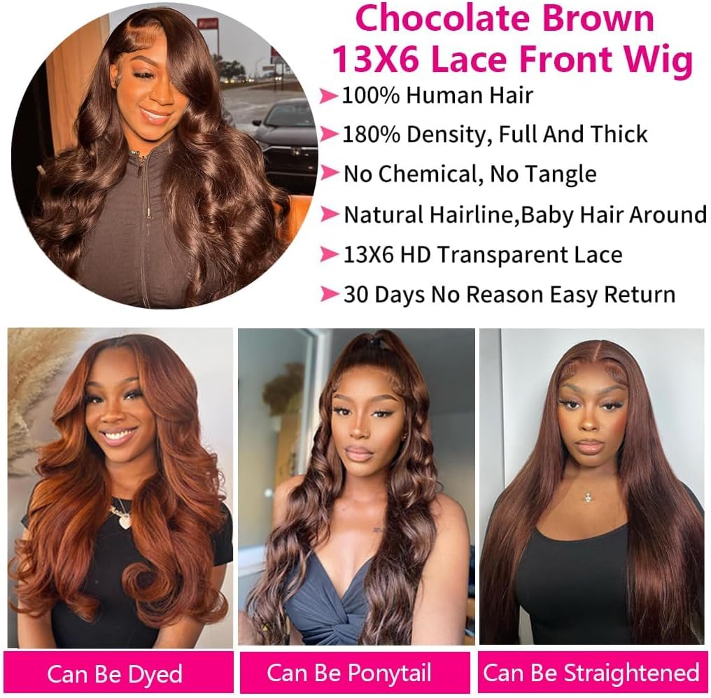 Perruque de cheveux humains bruns – 33 x 15,2 cm HD ondulés frontaux – 81,3 cm – Marron chocolat – Cheveux naturels sans colle pour femme – Densité 180