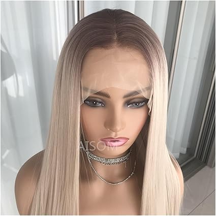 Perruques de cheveux Perruque Lace Front Wig longue et droite blonde cendrée platine avec racines brunes perruques synthétiques résistantes à la chaleur pré-plumées utilisation quotidienne