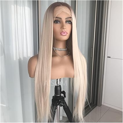 Perruques de cheveux Perruque Lace Front Wig longue et droite blonde cendrée platine avec racines brunes perruques synthétiques résistantes à la chaleur pré-plumées utilisation quotidienne