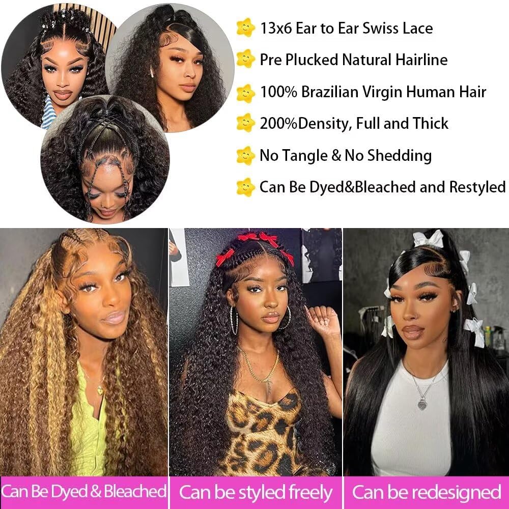 32 Pouces Perruque Femme Naturelle 13x6 Deep Wave Lace Front Wig Cheveux Humains 200% Densité Pré-Épilation Brésilien Vierge Deep Curly Lace Front Wigs Effet Mouillé et Ondulé