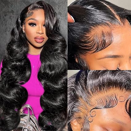 Perruque lace front HD 33 x 6 - Cheveux humains - 86,4 cm - Sans colle - Noir - Densité de 180 % - Pré-épilée